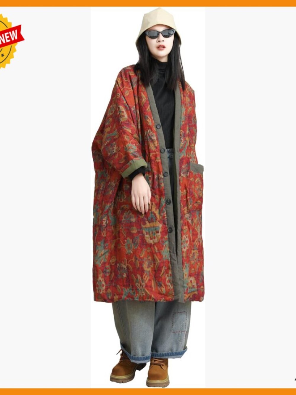 Linen Quilted Kimono Coat, Loose Fit, Button Front, Long Sleeve
